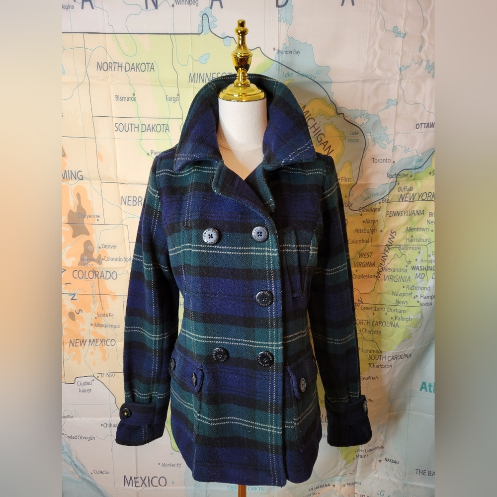 American Eagle Plaid Double-Breasted Women's Wool Coat Size M Blue & Green